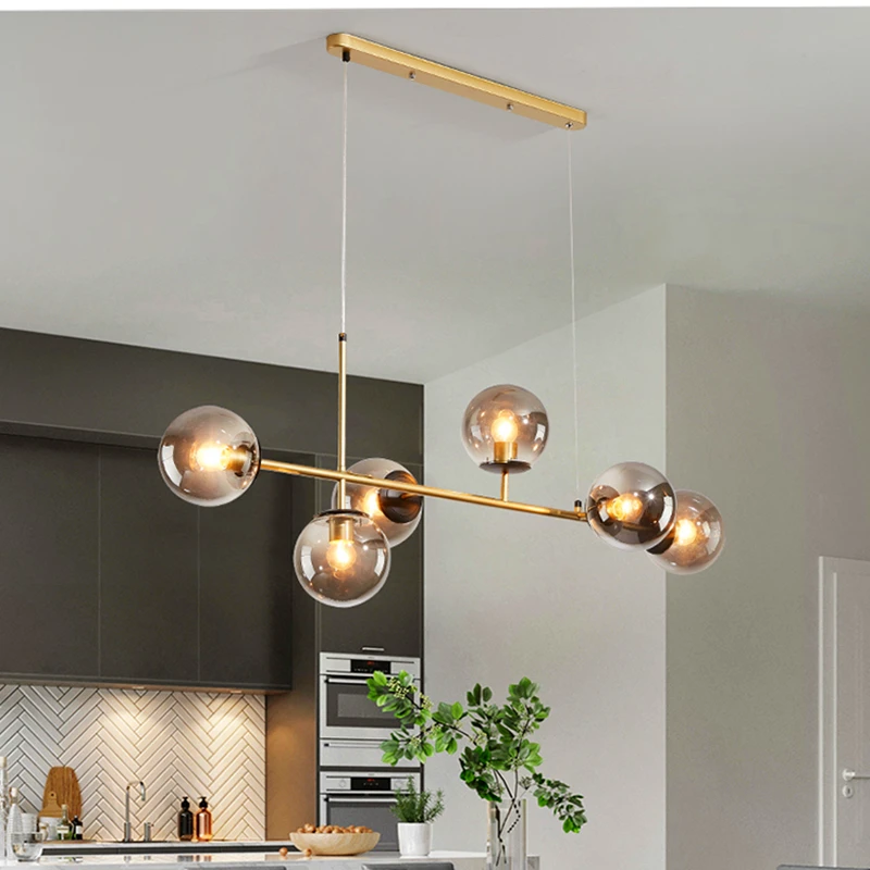 Luminária pendente de vidro e ferro, lustre com lâmpada led retrô para sala de jantar, cozinha, lustre moderno de ouro e preto