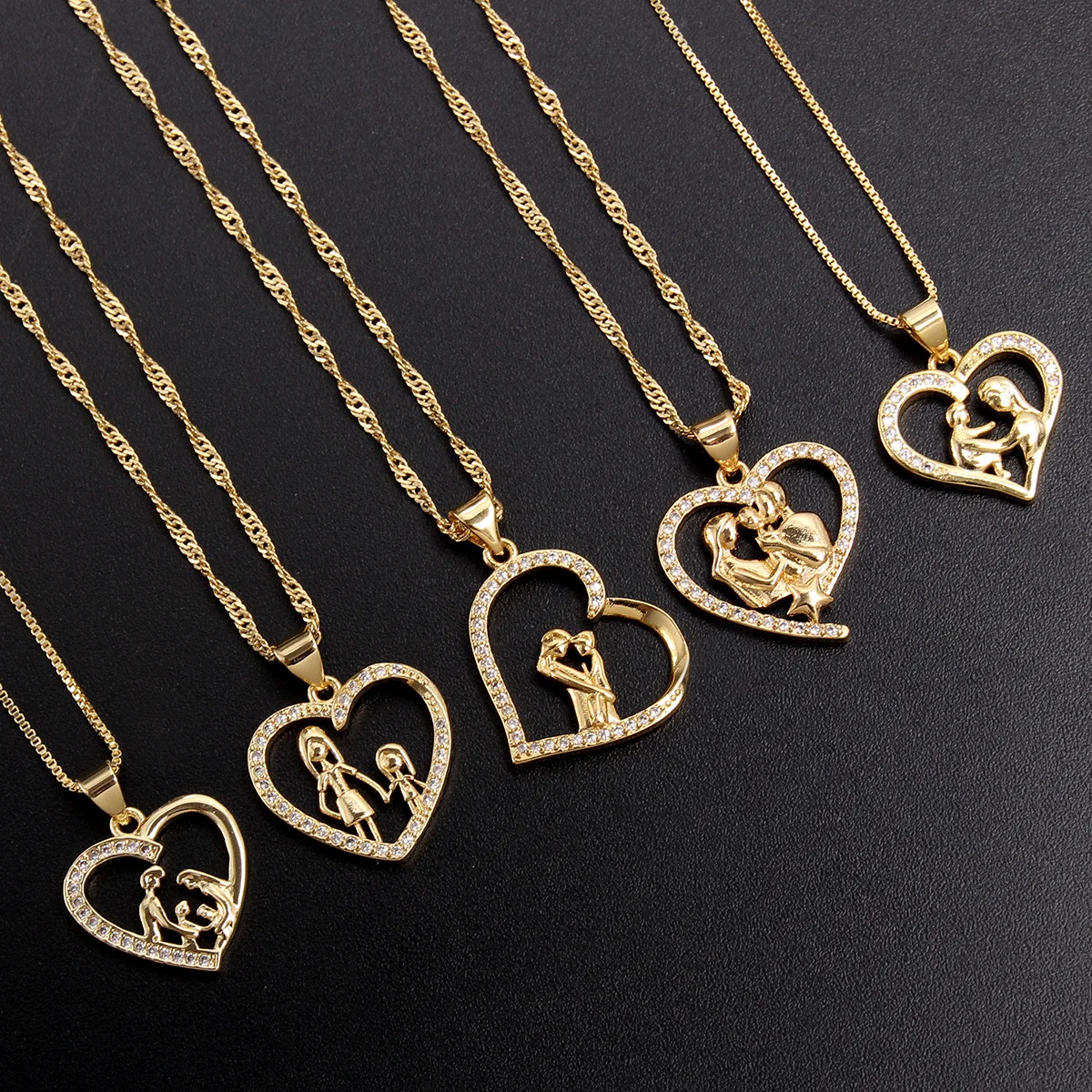 

MHS.SUN 1PC Fashion Mother's Day Jewelry Cubic Zircon Heart Chain Necklace Family Pendants Choker Collar For Women Gifts