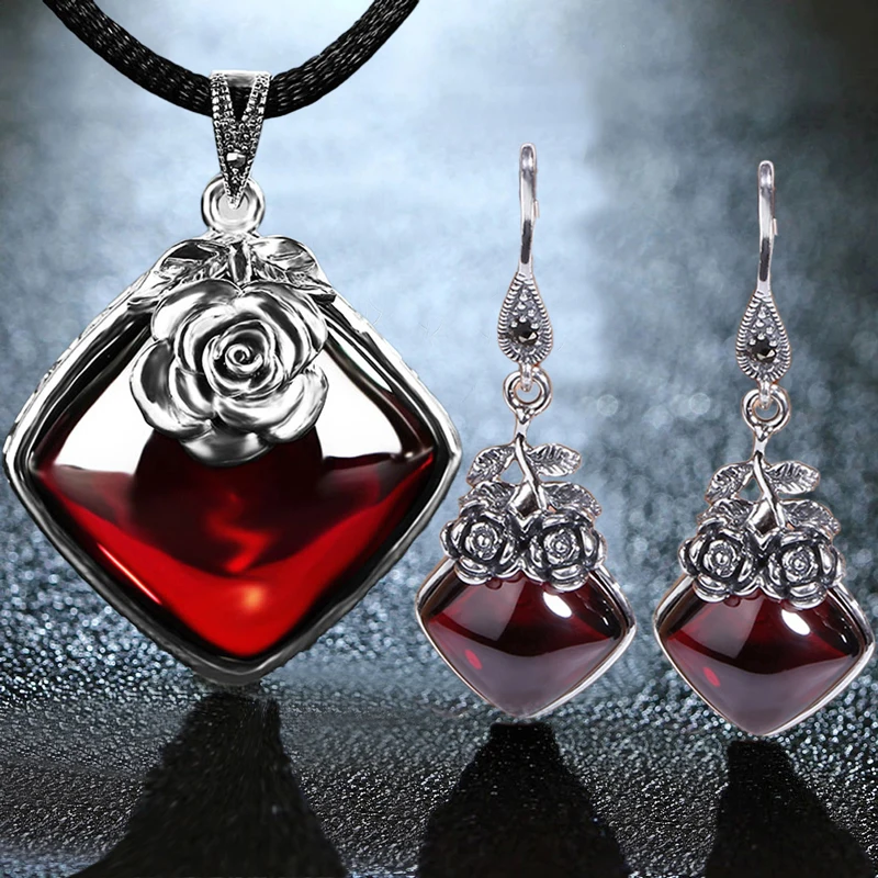

ZHJIASHUN Simple 100% 925 Sterling Silver Garnet Pendant Necklace Pomegranate Red Drop Earrings For Women Jewelry Sets