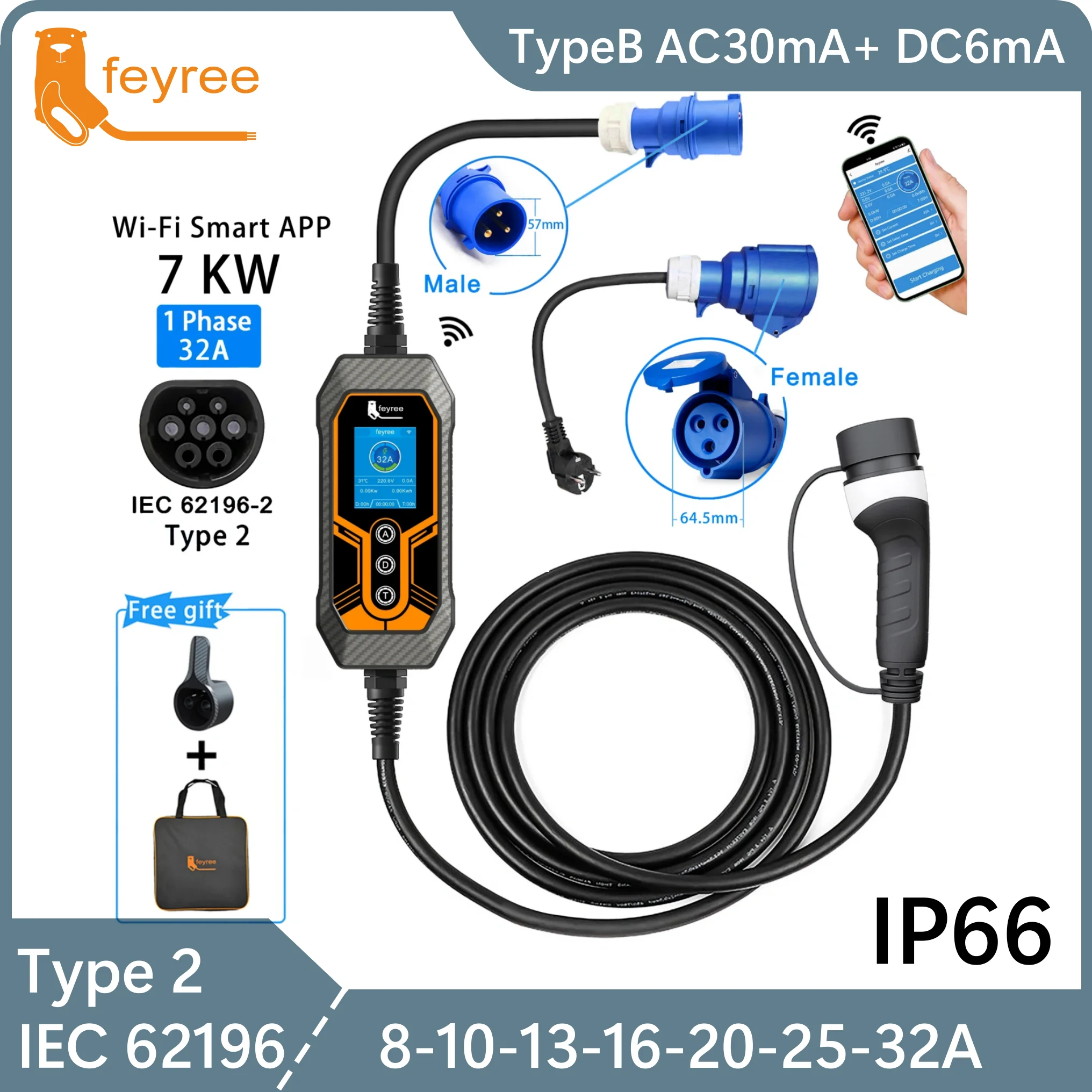 Feyree Портативное зарядное устройство для электромобилей Type2 32A 7KW EVSE Wi-Fi Управление