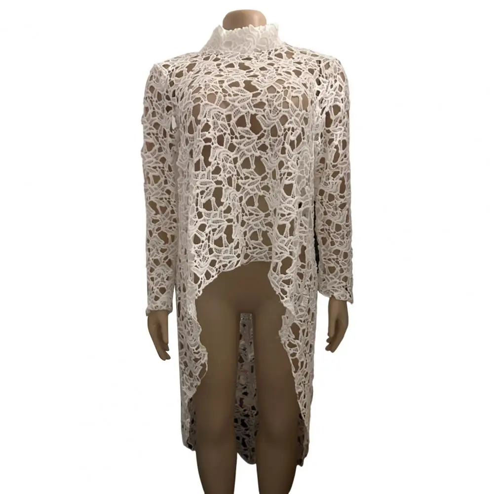 Рубашка с высоким воротником элегантная кружевная блузка длинными рукавами и