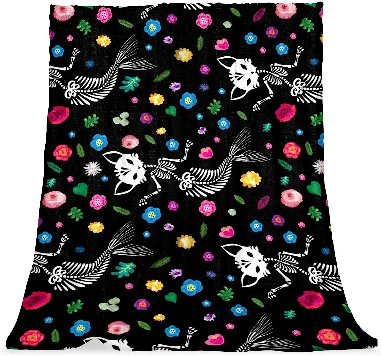 

Bedding Fleece Blanket Comfort Fluffy for Boys Girls, Cat Cartoon Skull Flowers Halloween