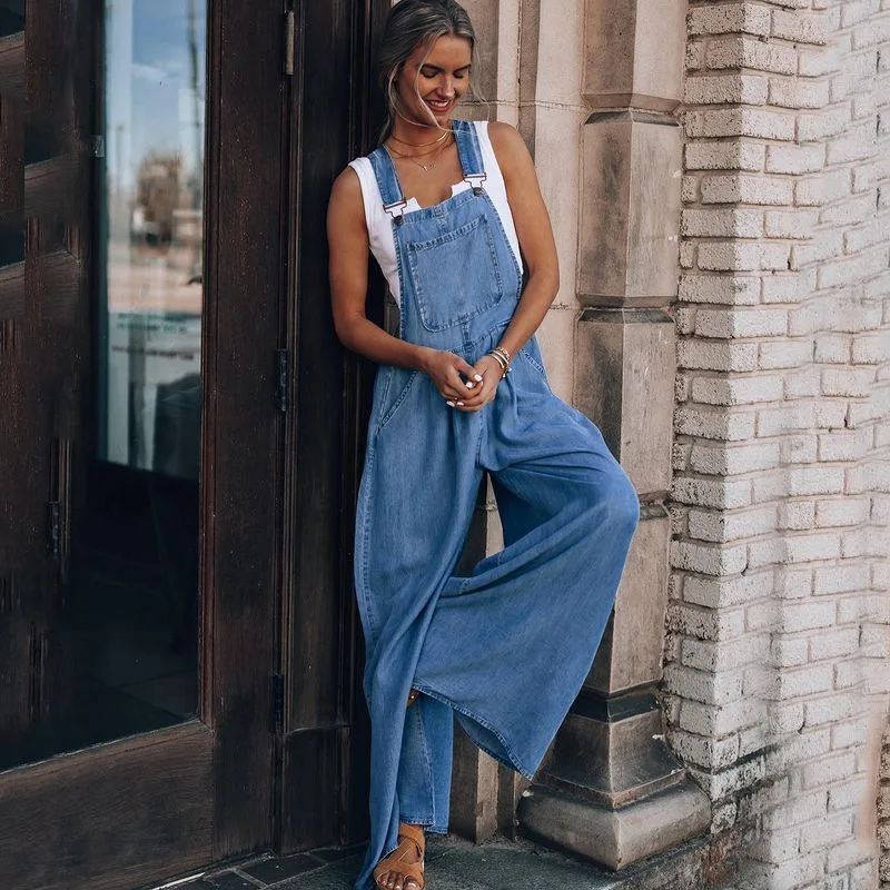 2023 Summer New Women's Sleeveless Denim Romper Solid Color  Loose Side Pocket Jumpsuits Overalls for Women