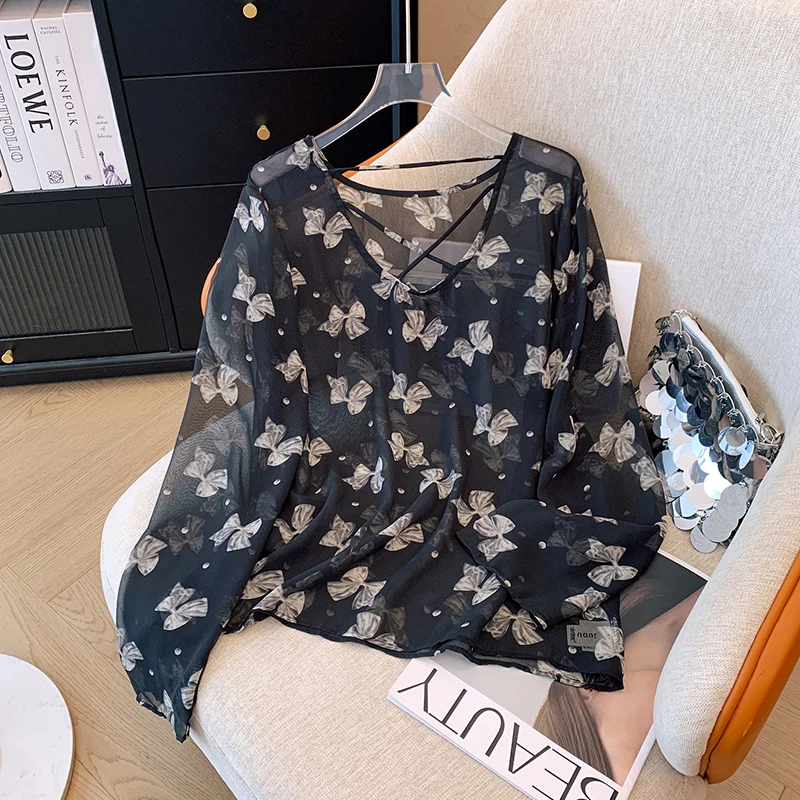 Женская летняя легкая дышащая накидка с принтом в виде банта слегка прозрачная