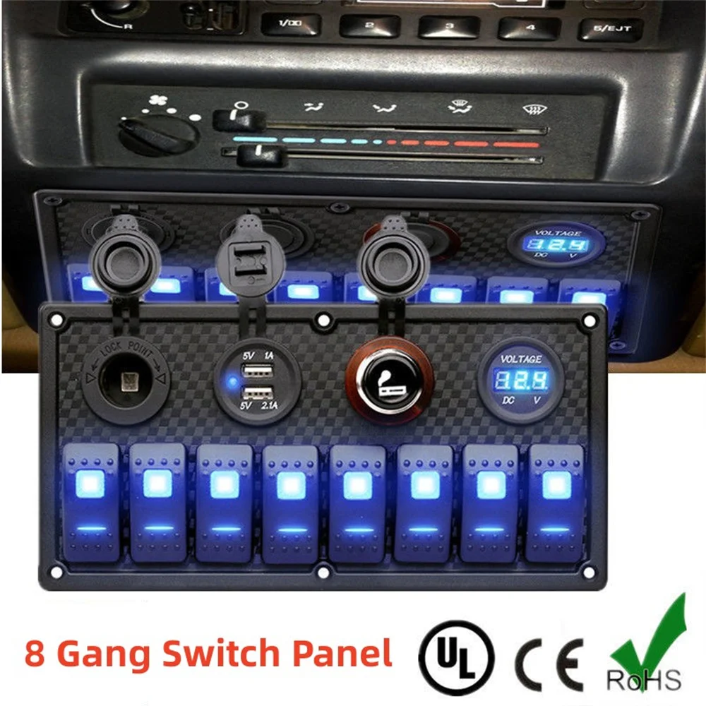 

12V 24V 8 Gang Car Marine Switch Panel Voltmeter Dual USB Cigarette Lighter Socket Toggle Switch Panels For Car Boat Truck RV