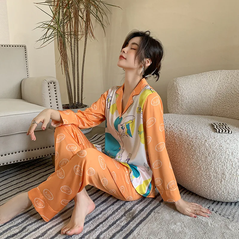 New pajamas women's imitation silk cute graffiti print fashion two-piece set pajamas for women