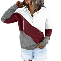 women sweatshirt warm drawstring hooded pocket casual pullover color block buttons neck hoodies female patchwork streetwear new