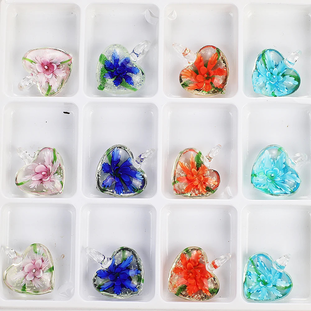 

QianBei Wholesale 4pcs Mix Color Heart Peach Flower Pendant Fit Necklace Handmade Murano Lampwork Glass Women