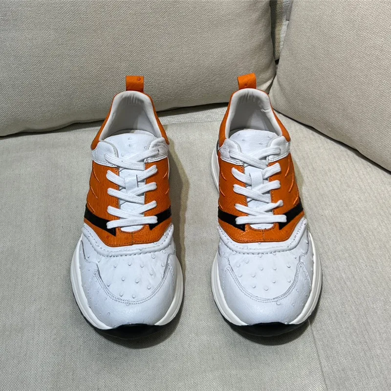 

Кроссовки унисекс на шнуровке, натуральная страусиная кожа, белые, оранжевые, синие, повседневные туфли на плоской подошве, экзотические