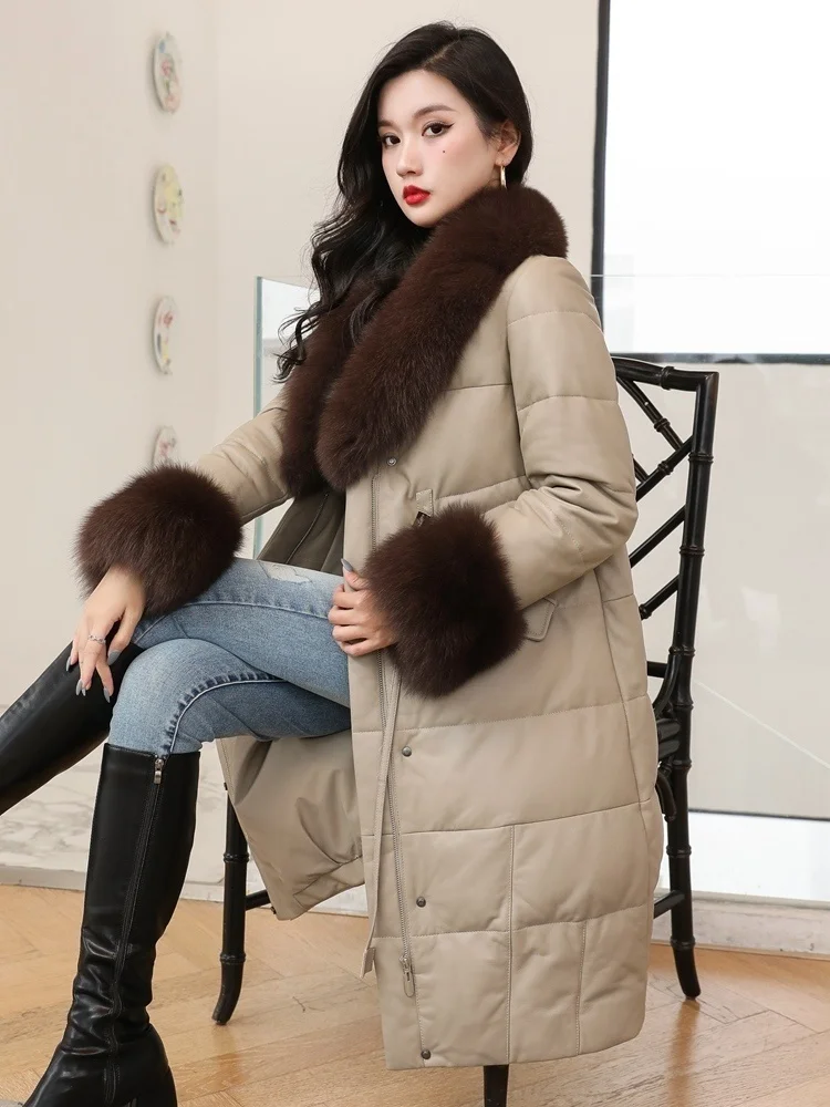 

2023Leather jacket,Fashion Real Sheepksin Leather Jackets Women Fox Fur Collar Female Jacket 90% White Duck Down Women's Coats F
