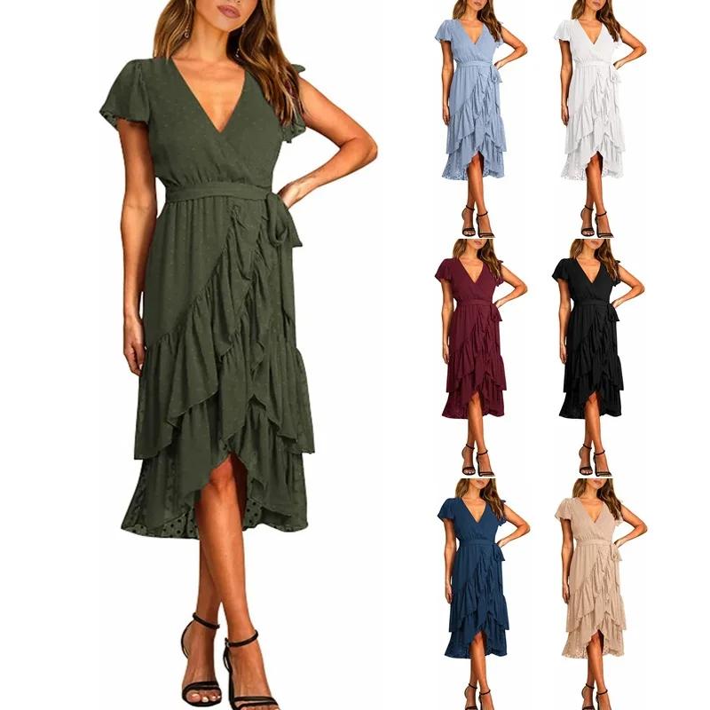 

2023 Women Fashion Casual Loose Summer New V-neck Dot Tie Pleated Chiffon Dress