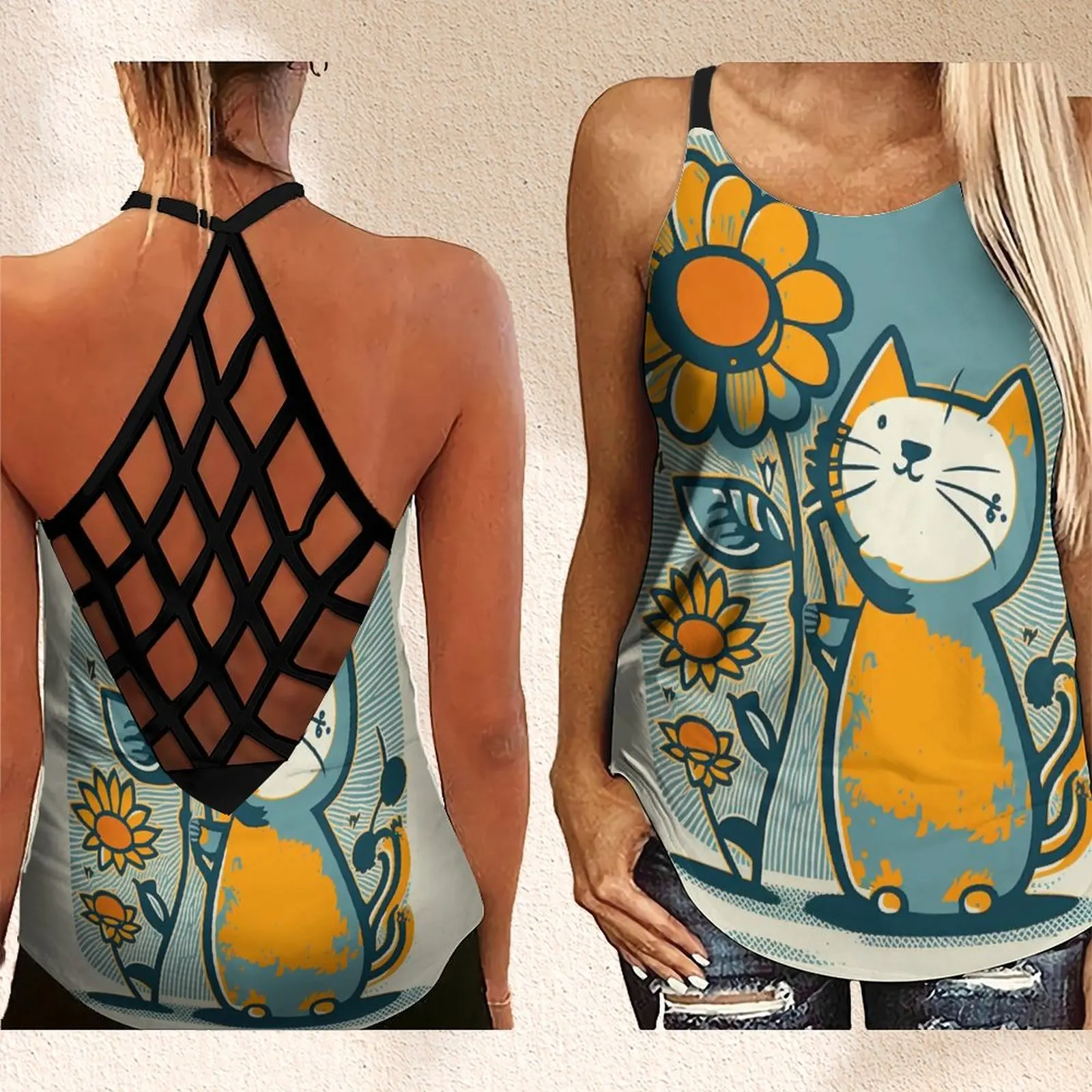 

Summer Women's Hollow Out Sleeveless Cross Cross Tank Top Mid Century Cat Flower Abstract Print Women Tank Top