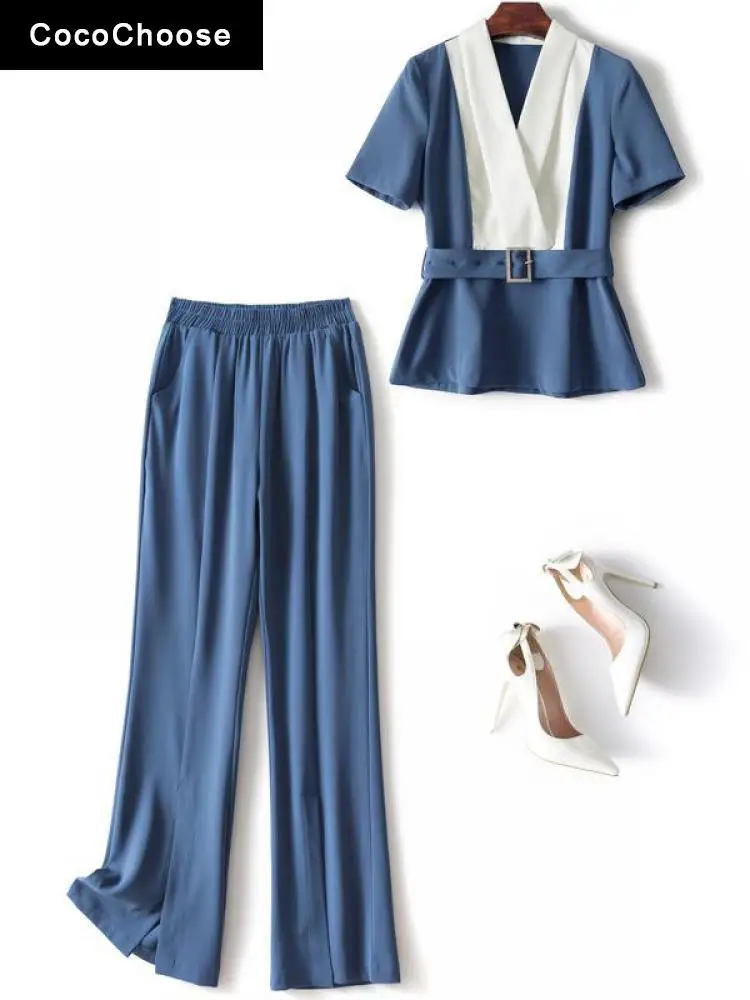 

Business Women Pants Set Summer 2022 Fashion Elegant Notched Collar Short Sleeve Top and Trouser Office 2 Piece Outfits Blue