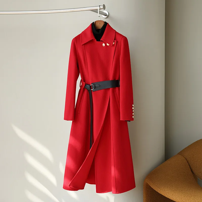 

Повседневное твидовое пальто, красное двухстороннее кашемировое пальто для женщин, новое шерстяное пальто для осени, ветровка из полностью шерстяной ткани, 2023