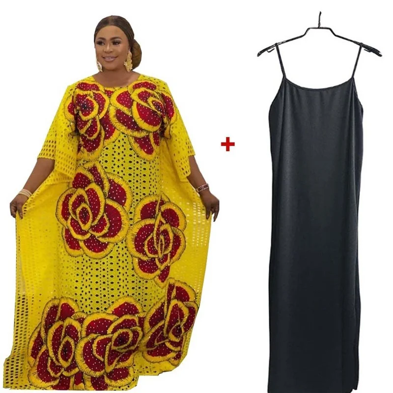 New Fashion Bazin Riche African Dresses For Women Free Size Casual Elegant Ladies Appliques Loose Maxi Dress With Inner Vestidos