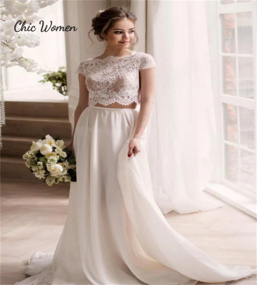 Свадебное платье в стиле бохо из двух частей хиппи богемное невесты с рукавами