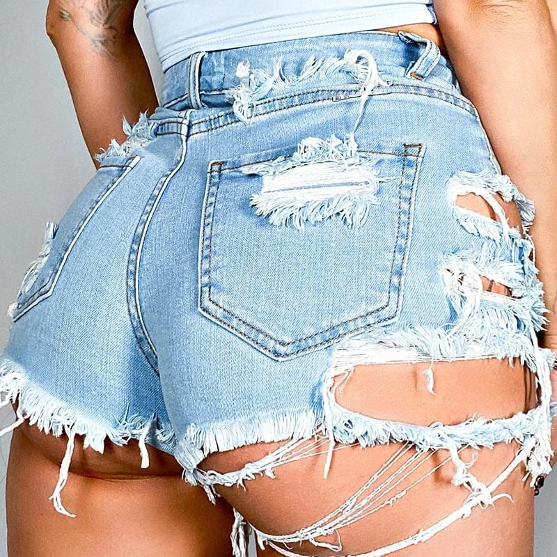 2022 Summer Fashion New Woman Sexy Ripped High Waist Tight Denim Shorts Irregular Fringed Slim Shorts Jeans Short Pants Women