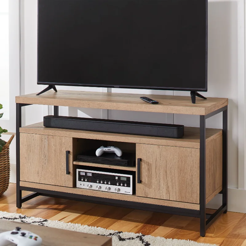 

Better Homes & Gardens Jace Industrial Wood Rectangle Media Console for TVs up to 55 in, Natural Oak modern tv stand