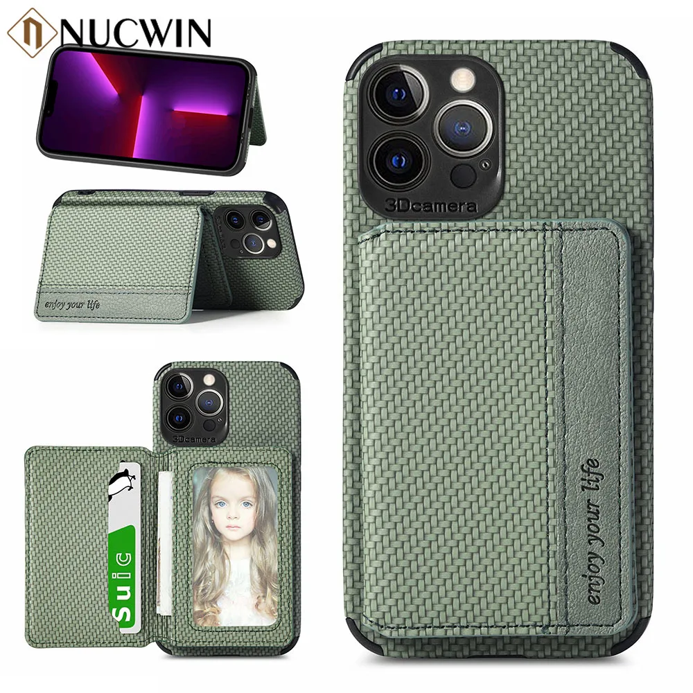 

Card Holder Wallet Flip Bracket Phone Case For iPhone 13 12 11 Pro Max Mini XR X XS 6 6s 7 8 Plus SE 2020 Carbon Fiber Cover