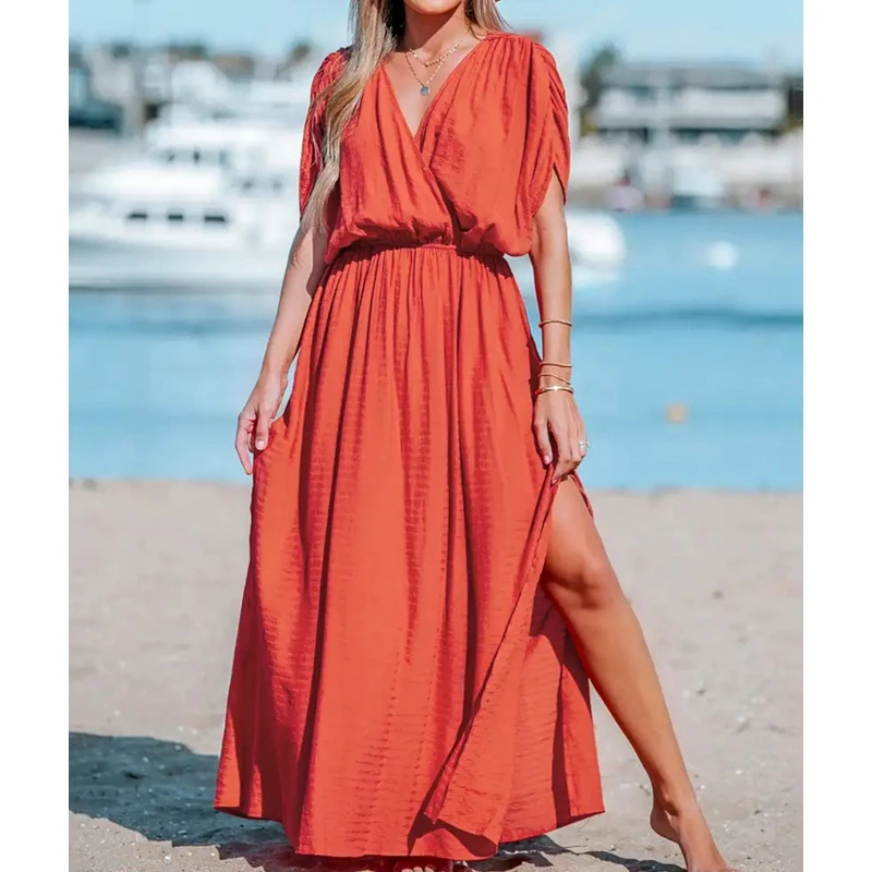 

Women V neck Short Sleeve Solid Color High Waist Fashion Summer Long Loose Dress Surplice Neck Split Hem Ruched Maxi Dress