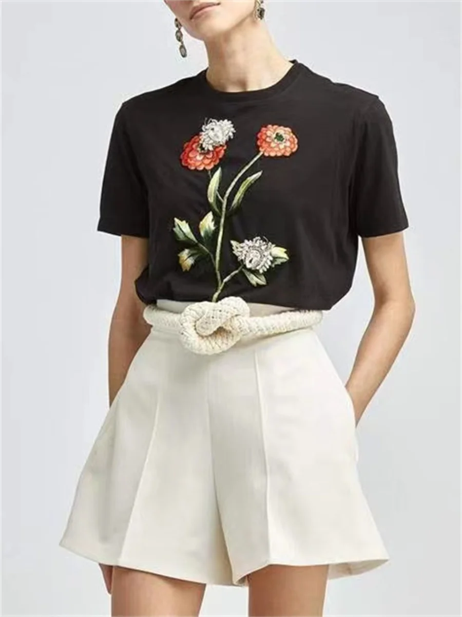 

Модная женская блузка, Новинка лета 2023, женская футболка ручной работы с вышивкой из бисера, высококачественный топ из чистого хлопка с коротким рукавом, traf
