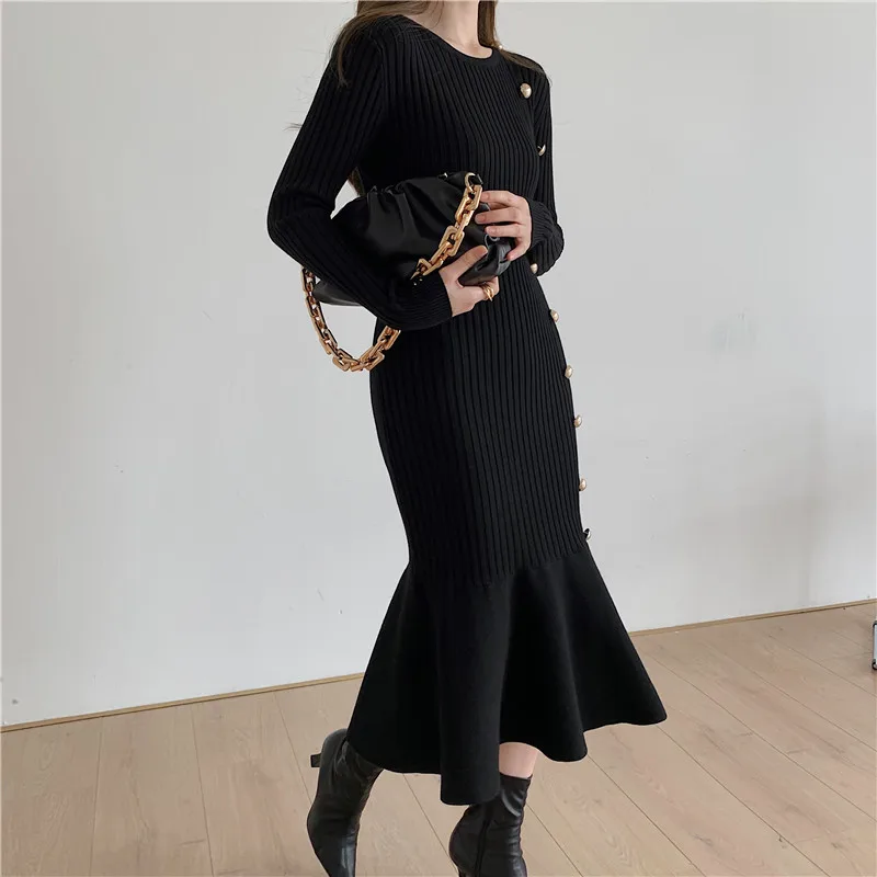 

Vintage Midi Dresses for Women Clothing Long Sleeve Elegant Button Warm Trumpet Mermaid Knitted Sweater Bodycon Dress Winter New