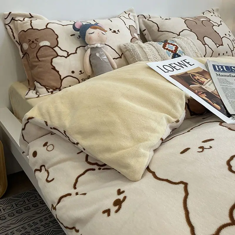 

Thickened Warm Bedding Set Double-sided Plush Velvet Flat Fitted Sheet Pillowcase Duvet Cover Cute Cartoon Queen Bed Linen