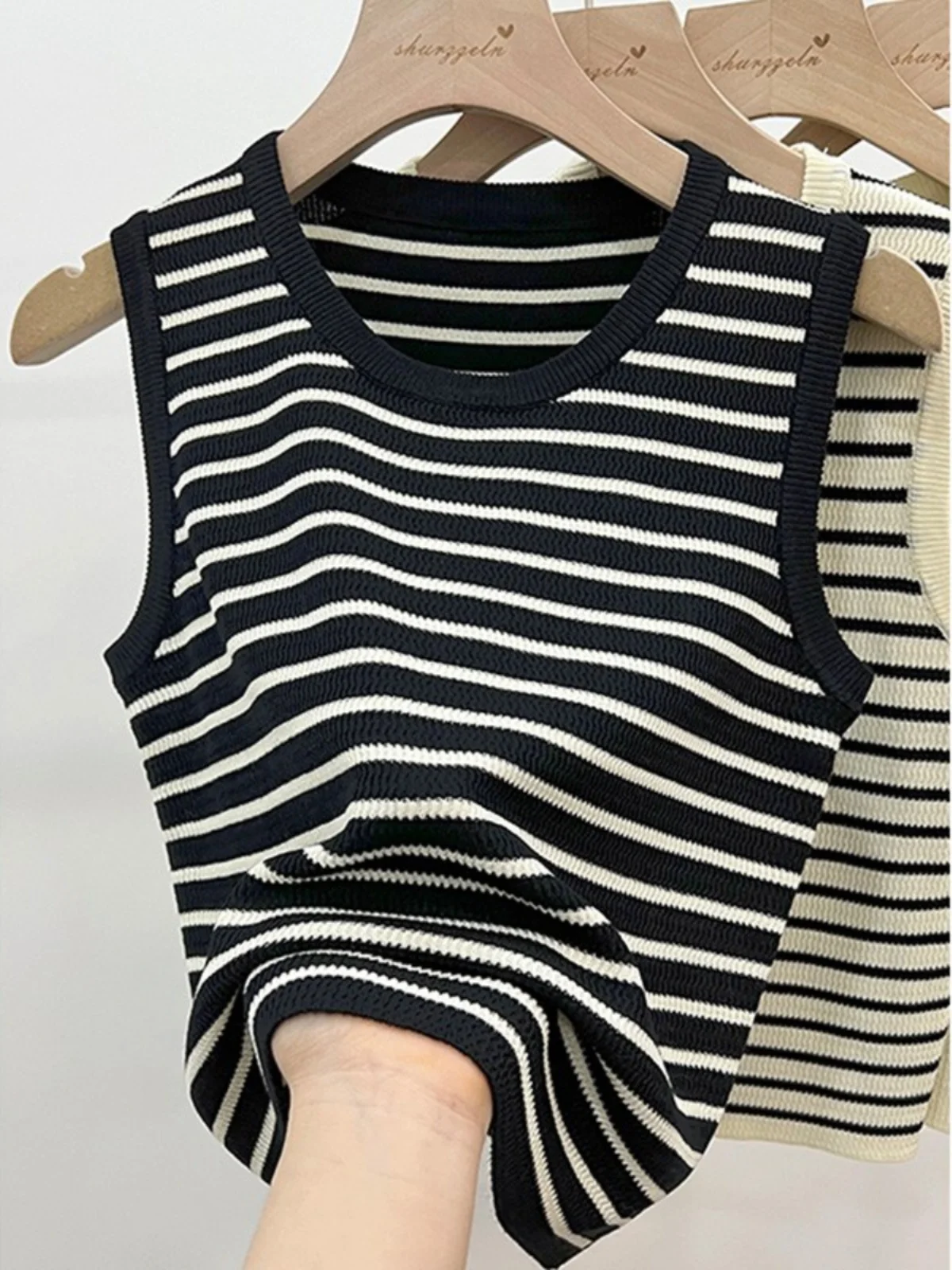 French sle Knitted Stripes Cami Women Inner wear Summer Outer Wear Plus size Chubby Girl Wide Sleeveless Ice Silk Base...