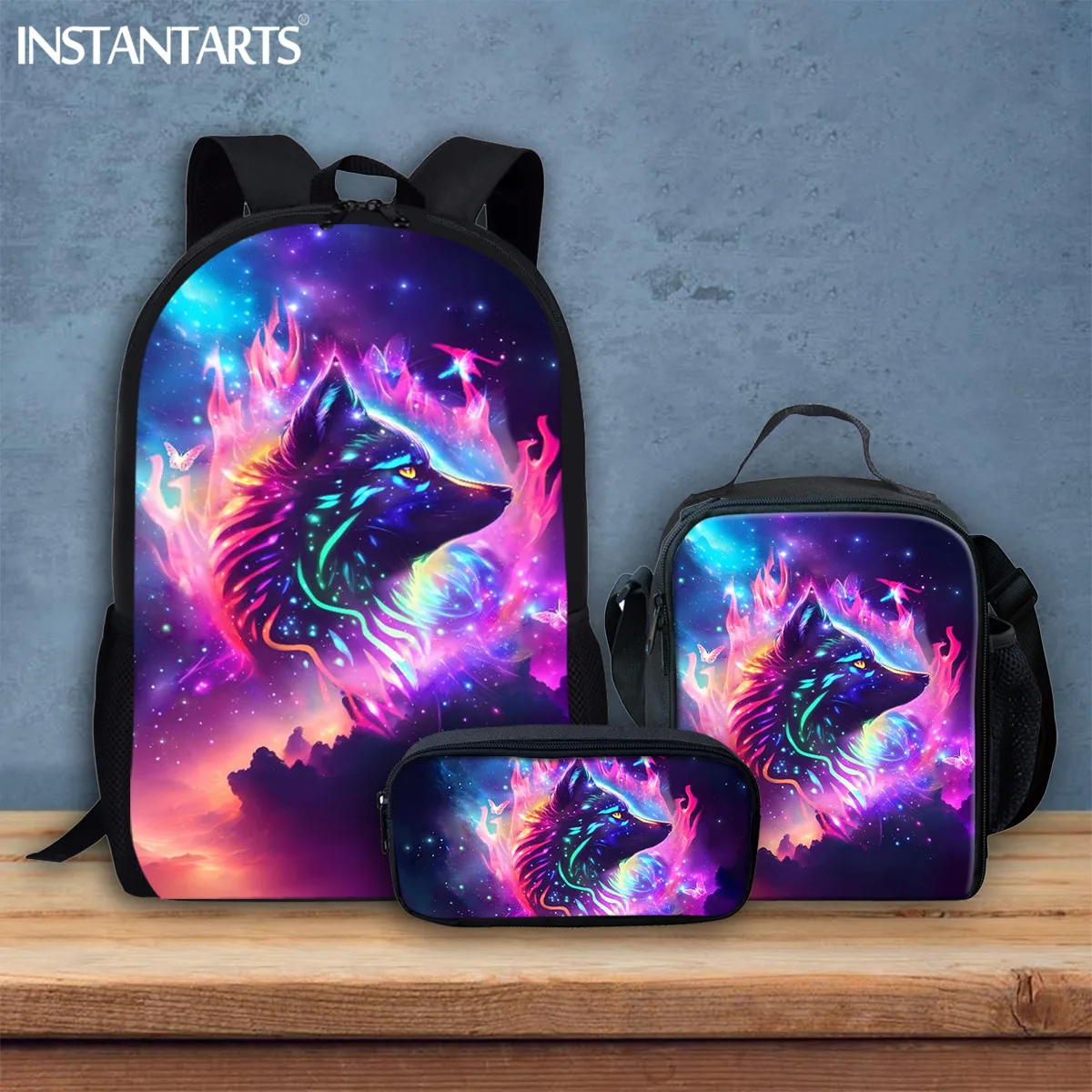 

INSTANTARTS Cool Tech Wolf 3D Print Teen Girls Boys School Bags Set Galaxy Design 3Pcs/Set Canvas Backpack Set Back to School