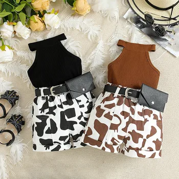 Fashion Kids Clothes Girls Summer Sleeveless Prints Tops And Shorts Bag 3pcs Outfits Clothes Set For Children Одежда Для Девочек 1