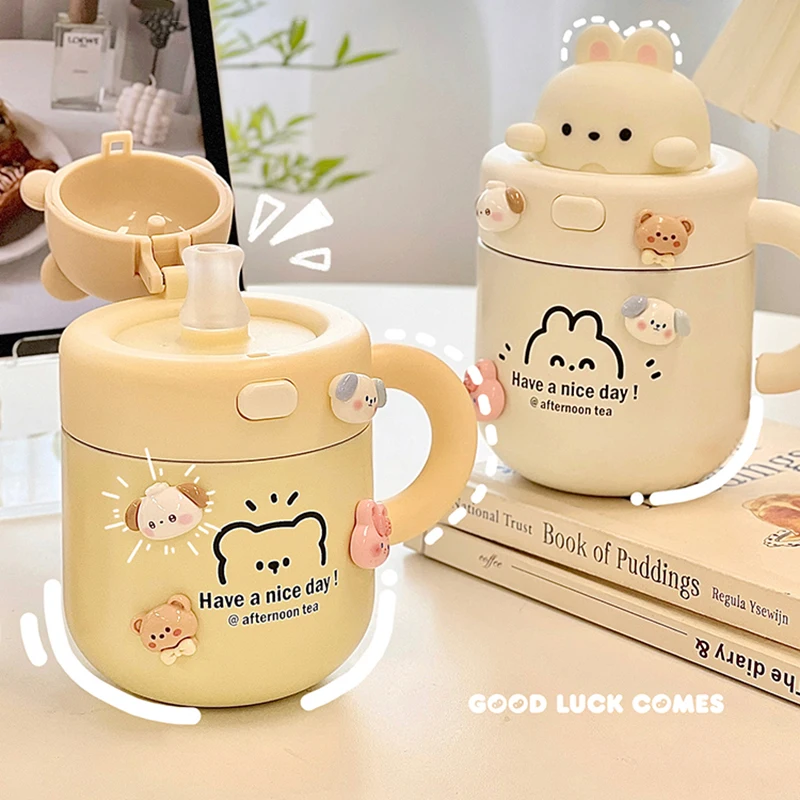 

Kawaii Bear Coffee Thermal Cup For Hot Cold Drinks Water Tea Milk Thermos Mug Stainless Steel Cup With Straw Lid Portable Bottle