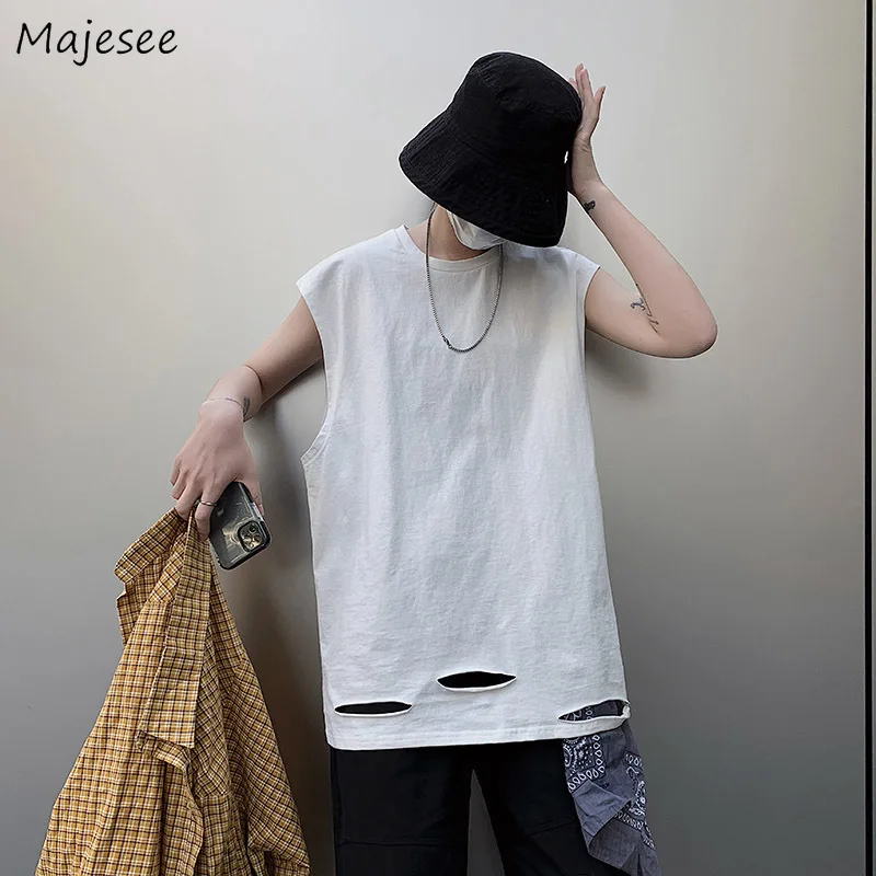 

Tanks Tops Men Hole Sleeveless Solid All-match Ins Cool Cozy Trendy Breathable Baggy O-neck Clothing Streetwear Handsome Popular