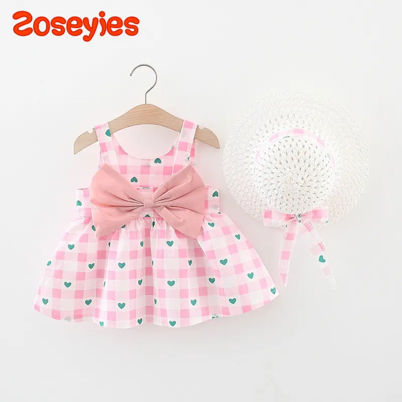 

Летнее платье для маленьких девочек, клетчатая юбка с большим бантом на бретельках и шапочкой