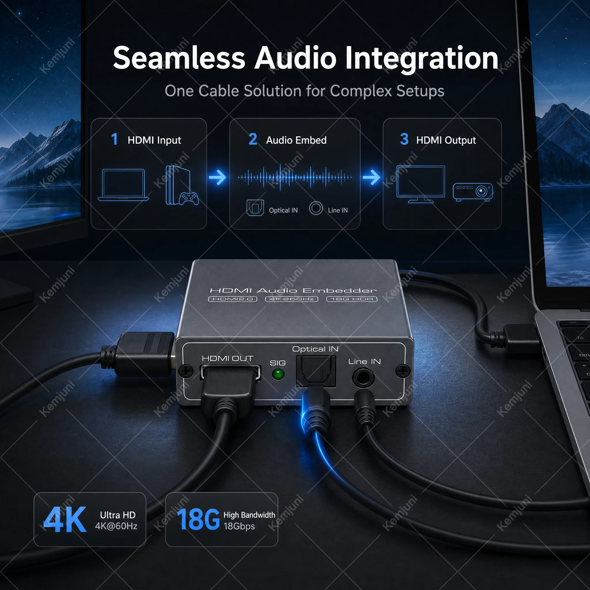 Фото HDMI-конвертер с поддержкой HD 4K 60 Гц, оптическим и 3,5 мм AUX аудиовходом, адаптер-микшер для HDMI, подходит для камер, DVD-плееров, ноутбуков №3