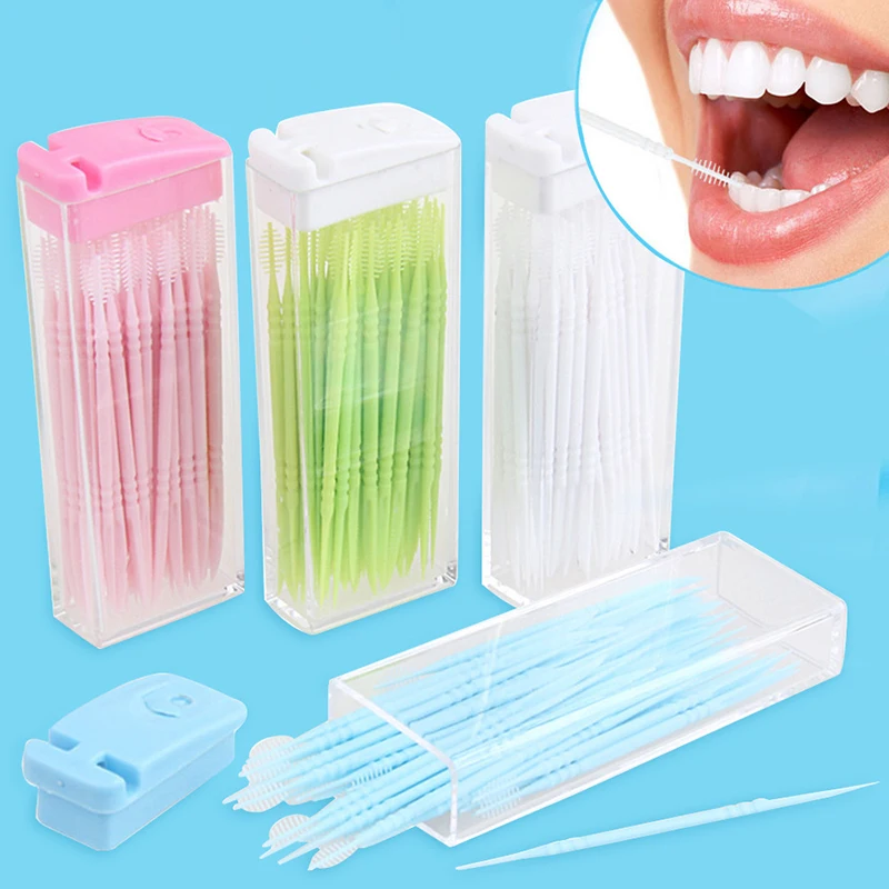 

50Pcs/Box Oral Care Disposable Plastic Toothpicks With Brushes Travel Teeth Cleaning Tool Two-Head Dental Floss Toothpick Random