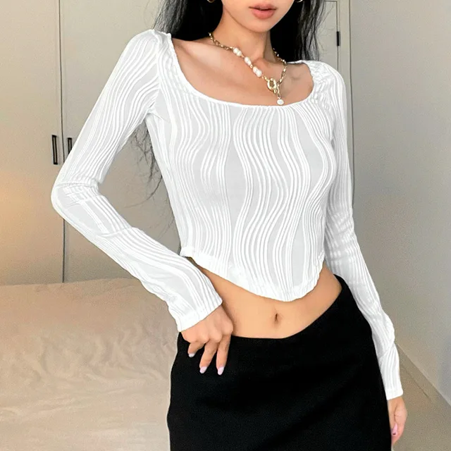 2023 Square Collar Long Sleeve Casual Women T Shirts White Autumn Skinny Sexy Solid Basic Crop Tops Fashion Streetwear 3