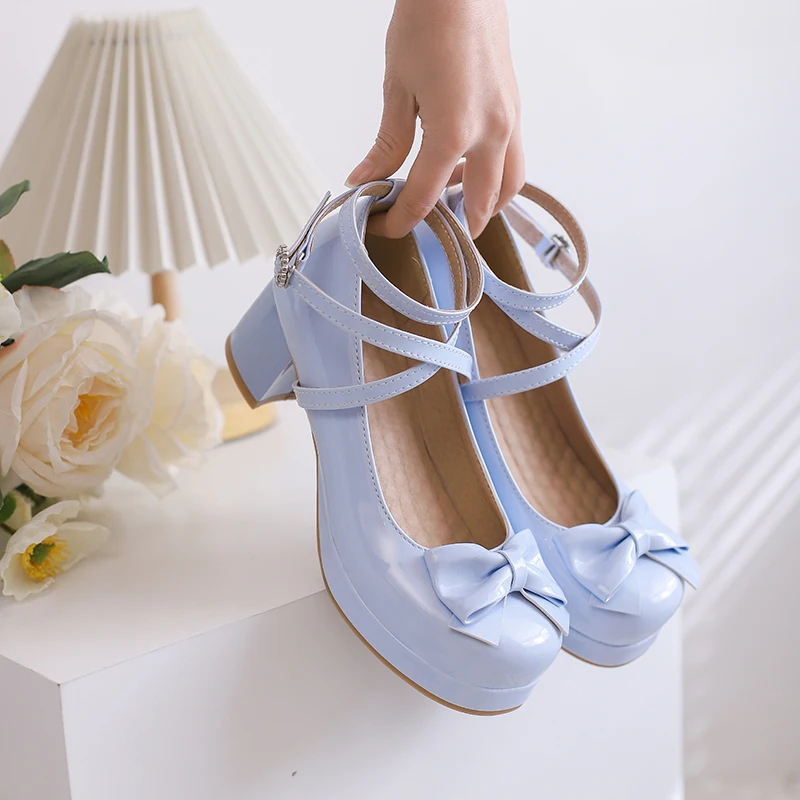 2023 Spring women pumps  plus size 22-26.5cm Rhinestone lace bow Ankle strap Lolita shoes cute mary jane shoes platform shoes