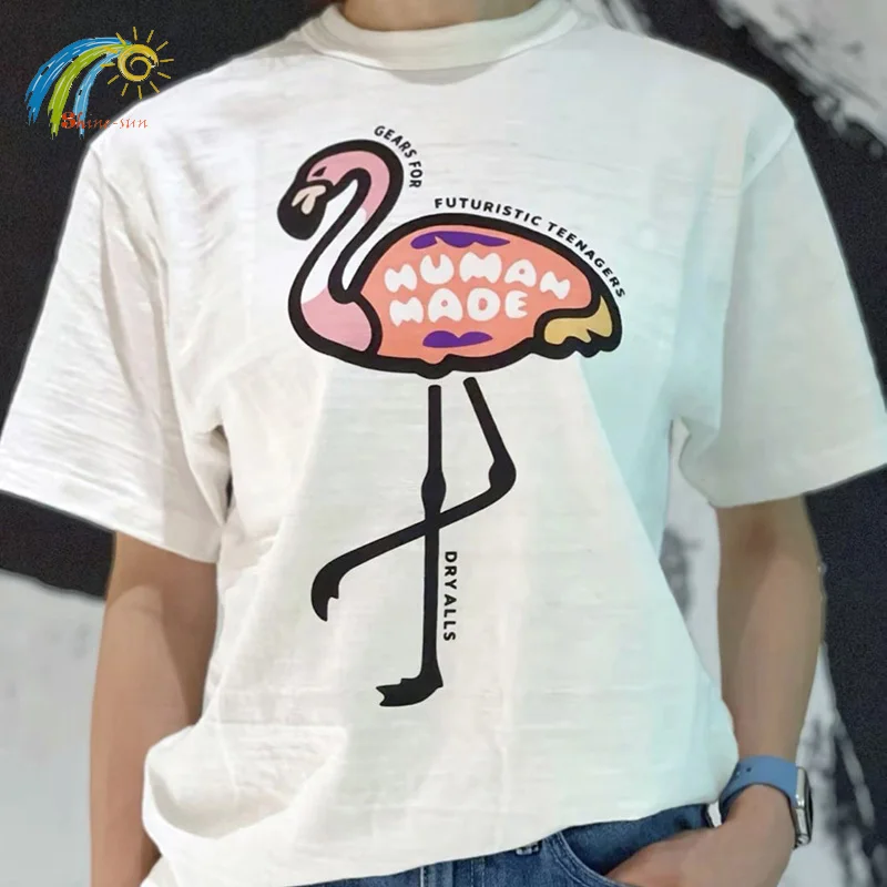 

Cartoon Pink Flamingos Printing HUMAN MADE T Shirt Men Women Slub Cotton Oversized Top Tees Animal Graphic Limited T-shirt