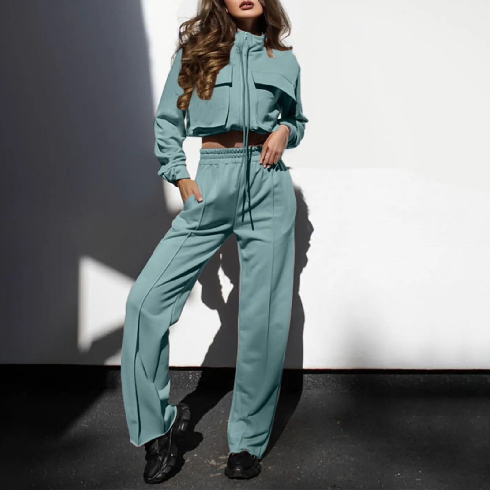 

Women 2 Pieces Pockets Set Casual Tracksuit Autumn Winter Oversize Hooded Long Sleeve Hoodie Sport Fashion Solid Suits Women