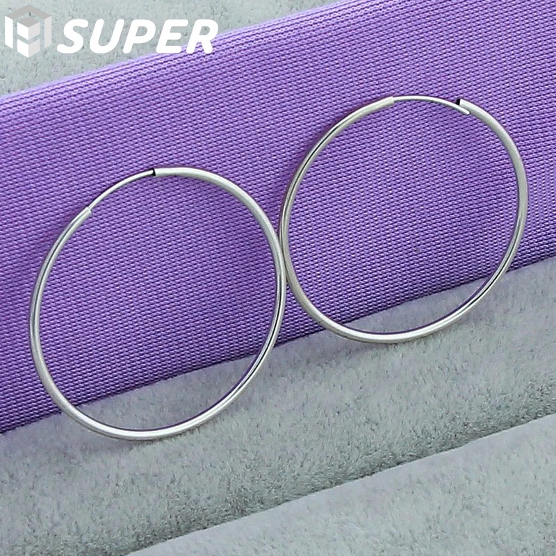 

925 Sterling Silver Smooth 50mm Big Circle Hoop Earrings For Women Wedding Engagement Party Jewelry