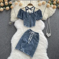 summer new puff sleeve ruched halter neck zipper tassel denim short jacket ripped hole lace up mini skirts two pieces set women