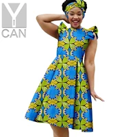 bazin african dresses for women dashiki summer women knee length causal cotton a line print dress with turban headtie y2225045