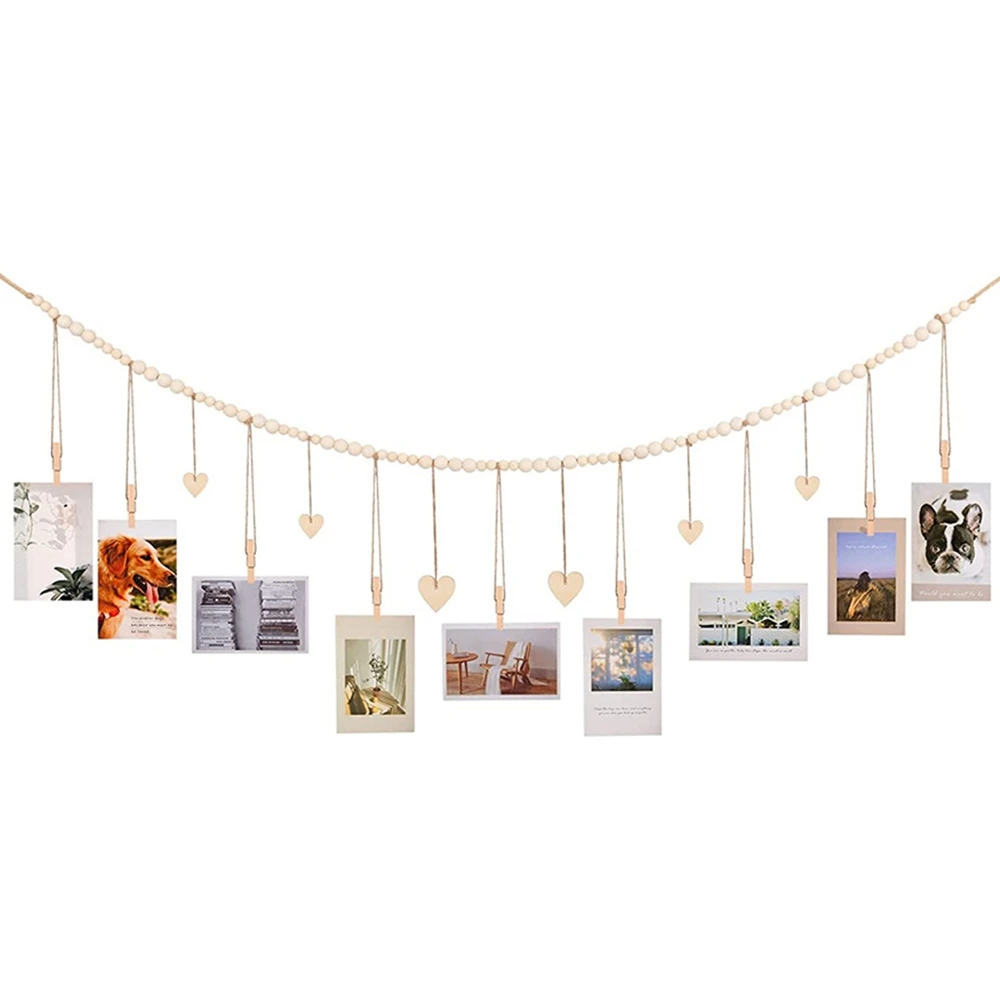 

Веревка с деревянными бусинами, Настенный декор для общежития, подарок, фото «сделай сам», для дома и офиса, Висячие кисточки с зажимами, кулон-фоторамка