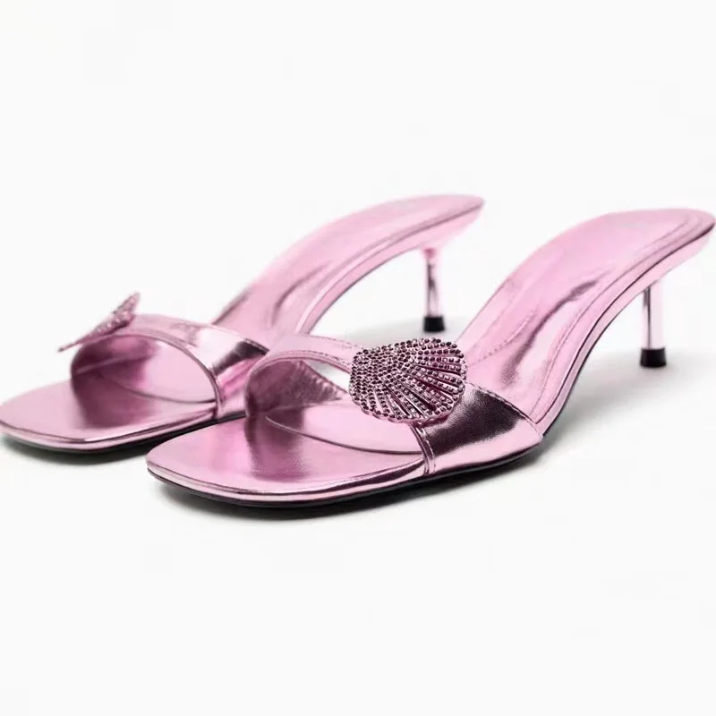 

Summer New Sexy Rhinestone Square Head Open Toe Fashion Slippers with Thin High Heels and Flat Bottom Large Size Women's Sandals