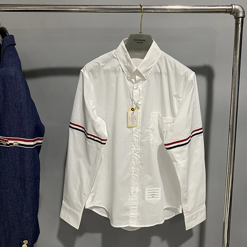 TB Shirt Classic Double Sleeve Red White Blue Color Stripe Webbing Poplin Thin Slip Fabric Casual White Point Collar Shirt