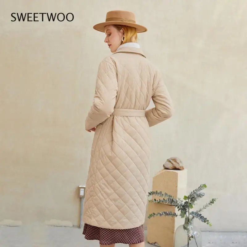 Long Straight Winter Coat with Rhombus Pattern Casual Sashes Women Parkas Deep Pockets Tailored Collar Stylish Outerwear
