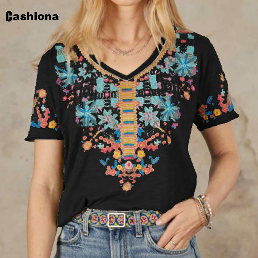 

Cashiona Women Bohemian Flower Print Tees Shirt Women Casual T Shirt Clothing 2022 Female Short Sleeve Top Vintage Pullovers