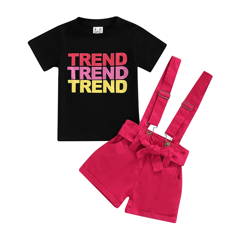 

3-7T Kids Baby Girl Short Sleeve Tops + Suspender Shorts Letter Print Adjustable Loose Fit Overalls Summer Clothing for Girls