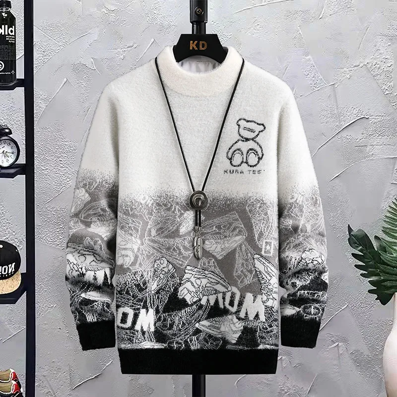 

Hip Cashmere Winter Knit Korean Warm Brand Patchwork Neck Thick 2022 Mink Pullovers Hop Casual Crew Mens Fashion Sweater Luxury