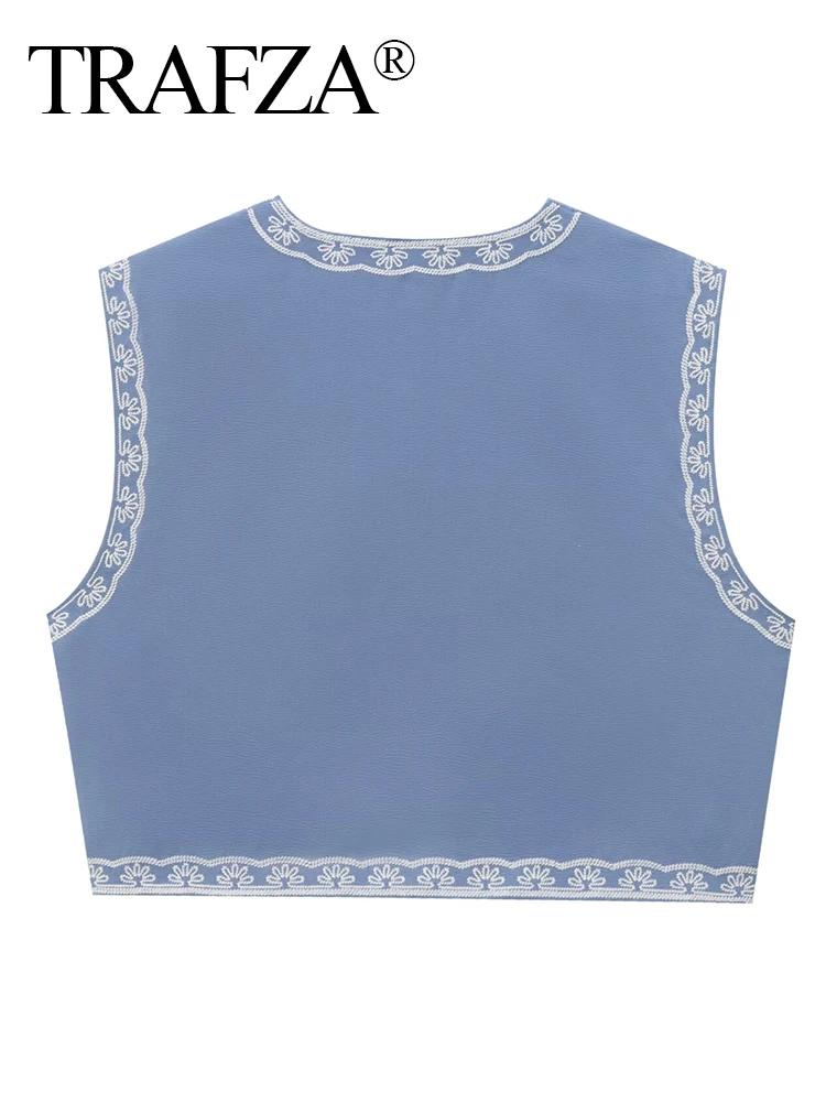 Винтажный женский жилет с вышивкой TRAFZA 2024 повседневная майка короткими рукавами